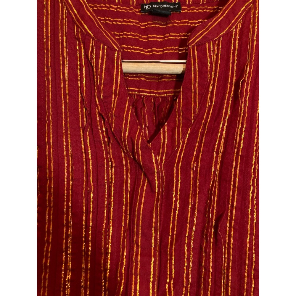 New Directions Babydoll Top Womens Large Maroon & Gold Glitter Striped Popover - Picture 4 of 13